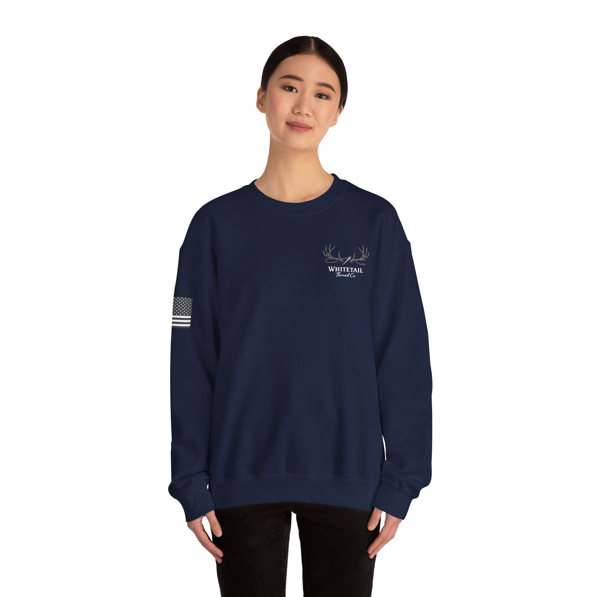 Whitetail Thread Antler Crewneck Sweatshirt — Small logo American Flag Sleeve