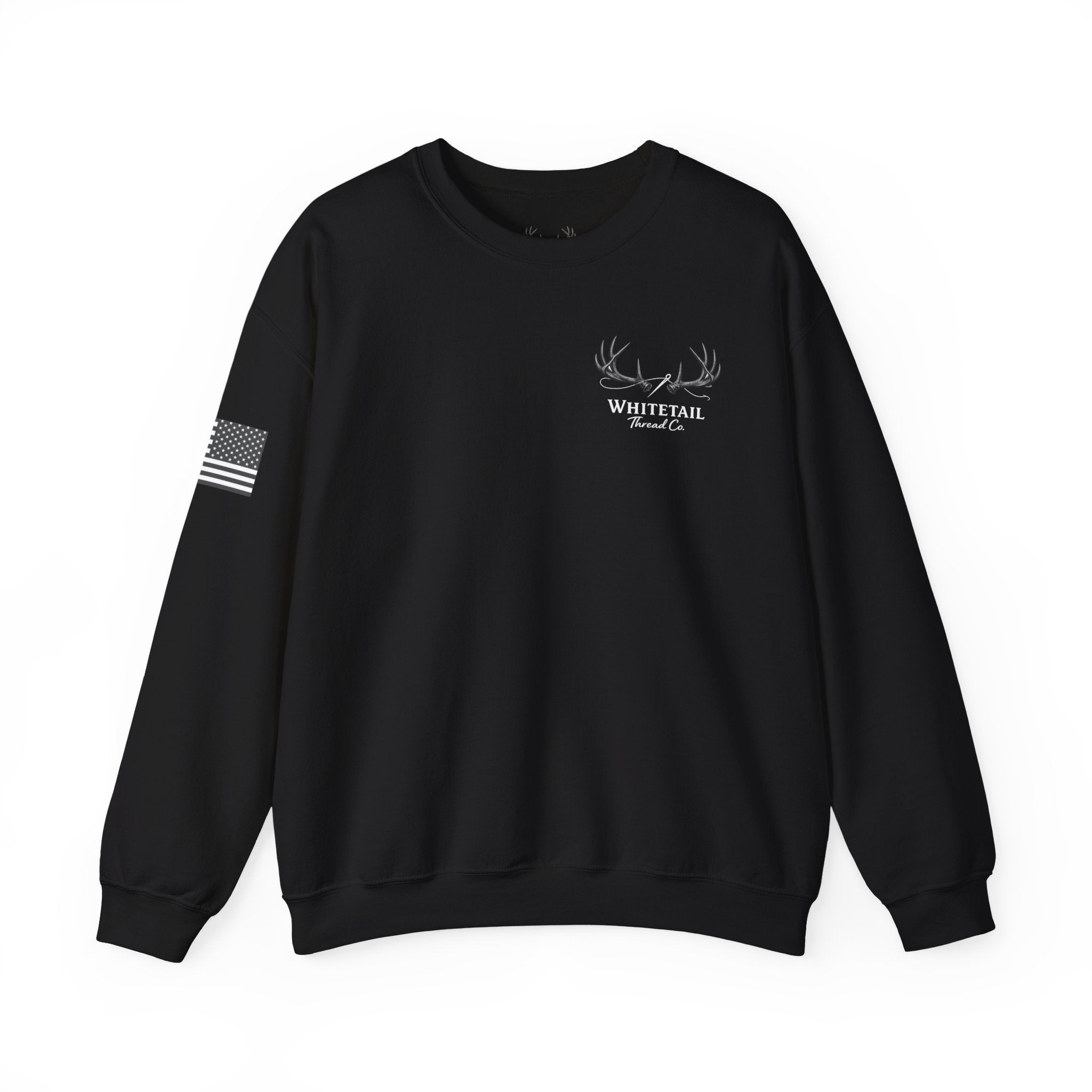 Whitetail Thread Antler Crewneck Sweatshirt — Small logo American Flag Sleeve