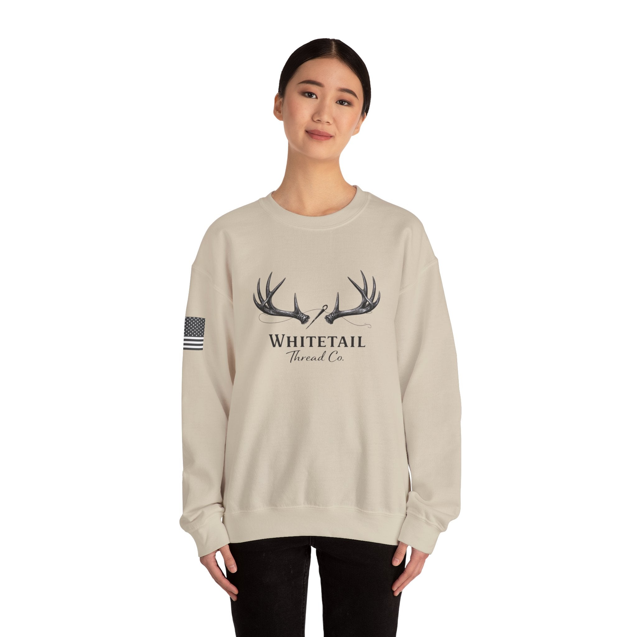 Whitetail Thread Co. Antler Crewneck Sweatshirt — American Flag Sleeve
