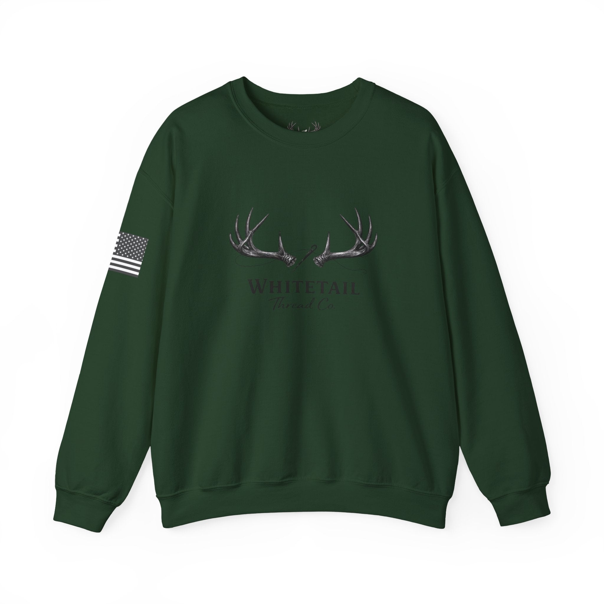 Whitetail Thread Antler Crewneck Sweatshirt — Small logo American Flag Sleeve