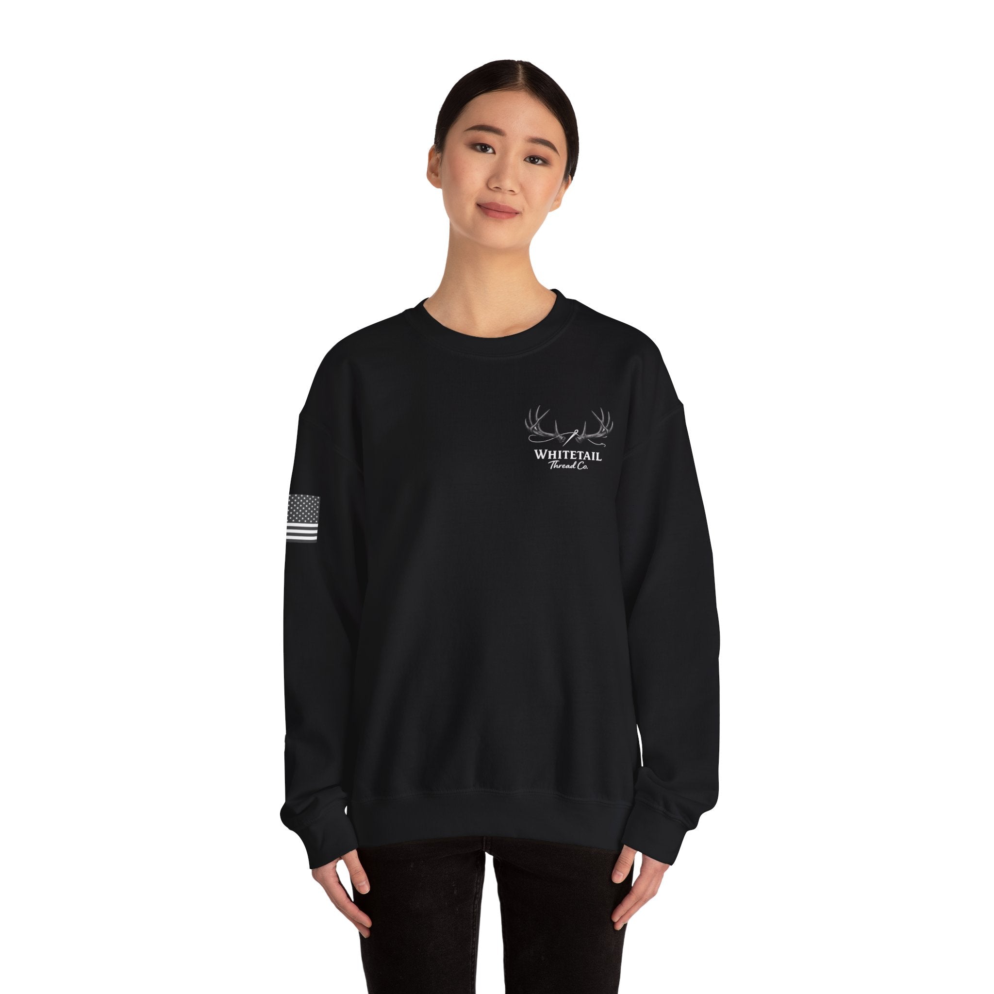 Whitetail Thread Antler Crewneck Sweatshirt — Small logo American Flag Sleeve