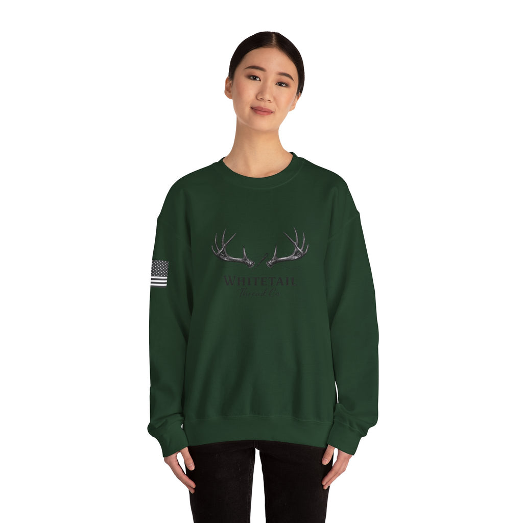Whitetail Thread Antler Crewneck Sweatshirt — Small logo American Flag Sleeve