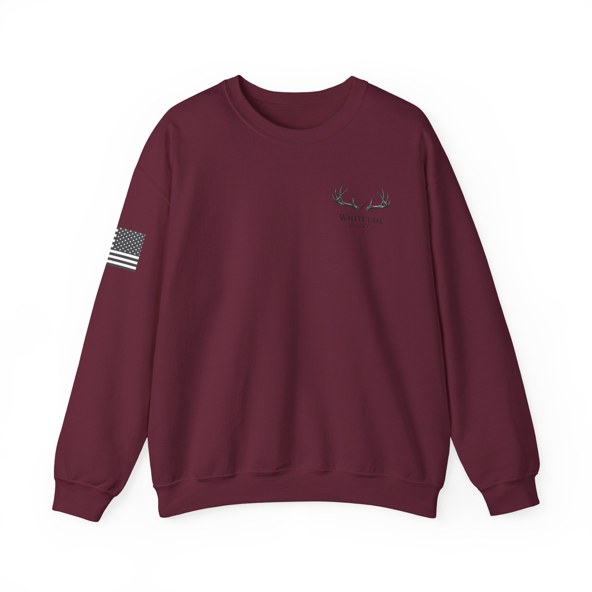 Whitetail Thread Antler Crewneck Sweatshirt — Small logo American Flag Sleeve