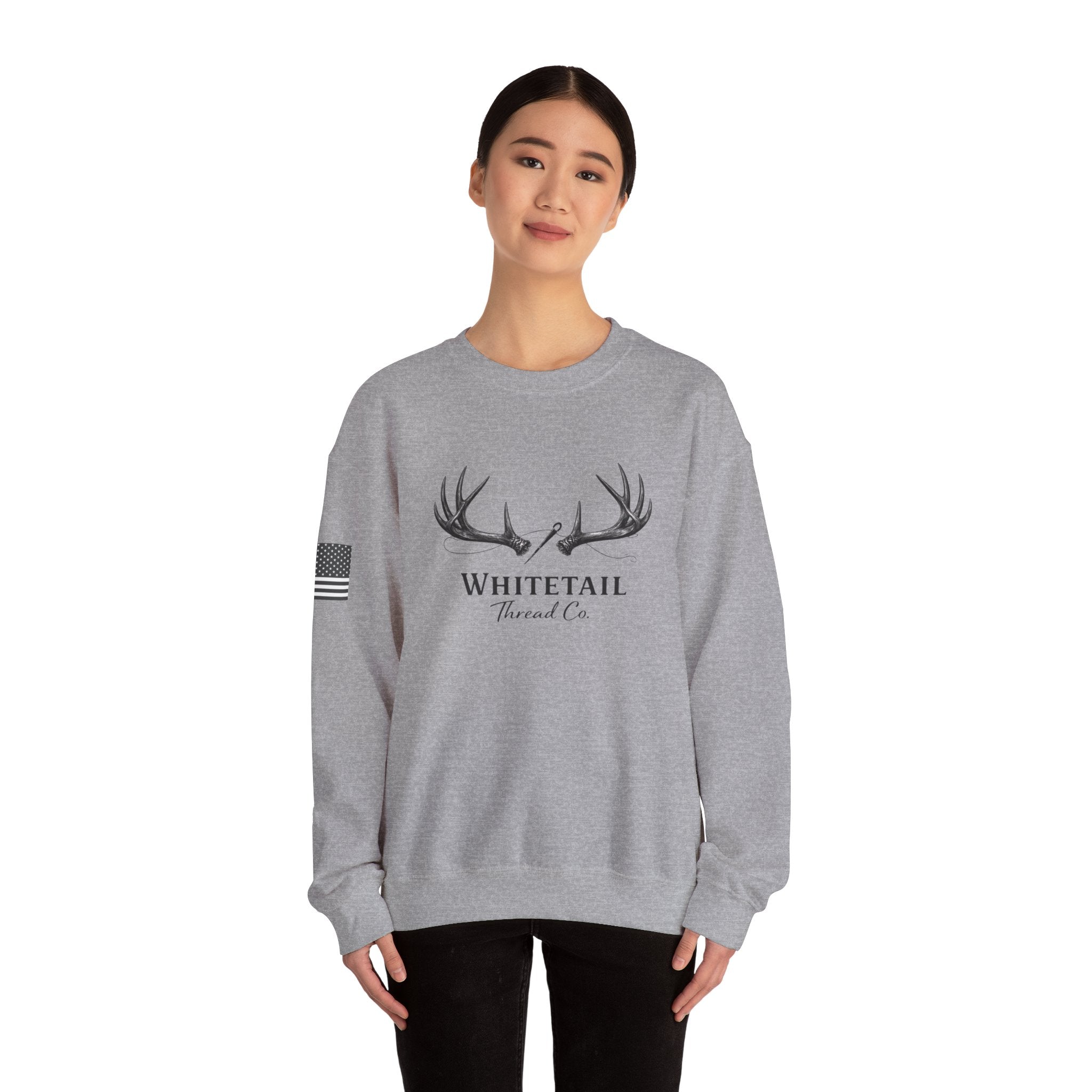 Whitetail Thread Co. Antler Crewneck Sweatshirt — American Flag Sleeve