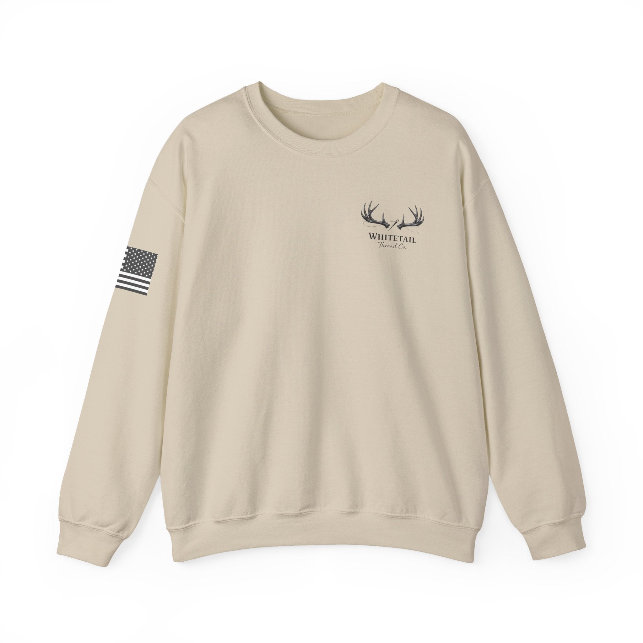 Whitetail Thread Antler Crewneck Sweatshirt — Small logo American Flag Sleeve