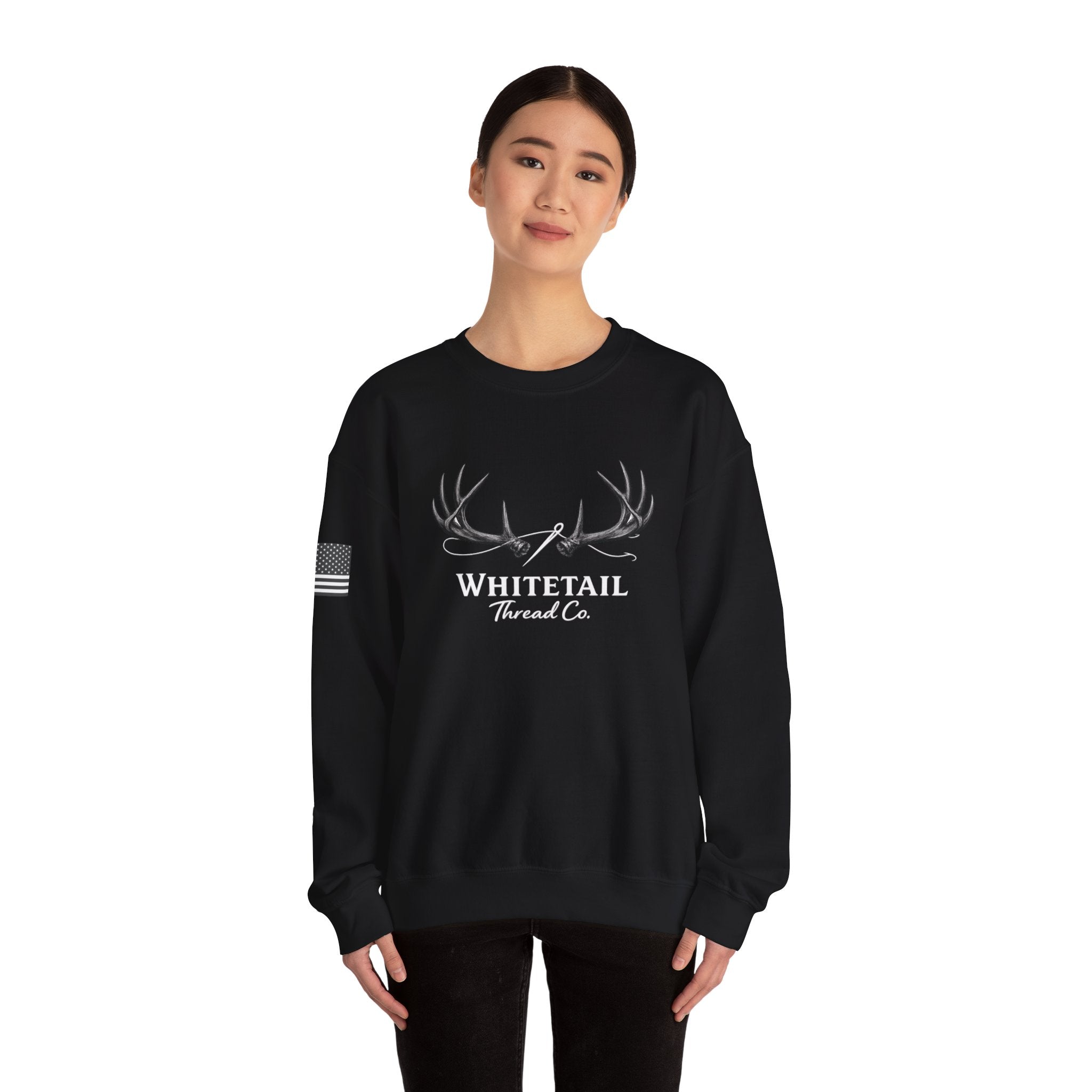 Whitetail Thread Co. Antler Crewneck Sweatshirt — American Flag Sleeve