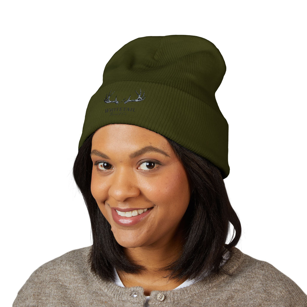 Embroidered 'Whitetail' Antler Knit Beanie — Cozy Hunting & Outdoor Winter Hat