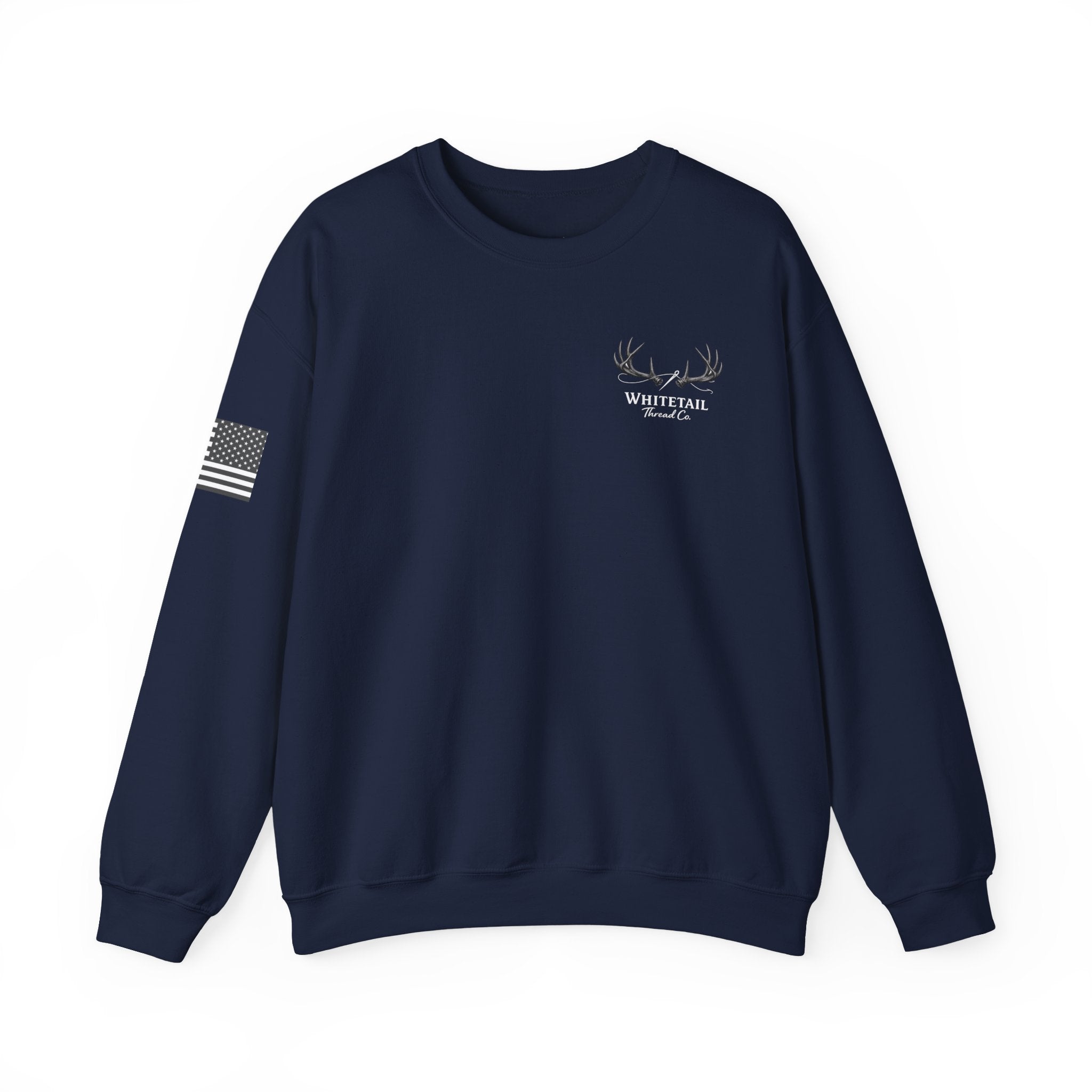 Whitetail Thread Antler Crewneck Sweatshirt — Small logo American Flag Sleeve